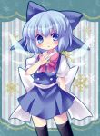  black_legwear blue_eyes blue_hair blush bow brooch cirno embellished_costume hair_bow hand_on_own_chest jewelry minato0618 open_mouth shirt short_hair skirt skirt_set solo thigh-highs thighhighs touhou vest wings zettai_ryouiki 