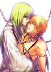  androgynous blonde_hair chain chains closed_eyes earrings enkidu_(fate/strange_fake) eyes_closed fate/stay_night fate/strange_fake fate_(series) gilgamesh green_eyes green_hair jewelry long_hair male multiple_boys shirtless short_hair smile trap uka_(color_noise) white_background 