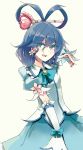  bad_id blue_eyes blue_hair cosplay cure_beauty cure_beauty_(cosplay) detached_sleeves dress earrings flower hair_rings hair_stick heart jewelry kaku_seiga magical_girl open_mouth parody pointing precure smile smile_precure! solo tai0201 touhou wand white_background 