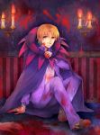  blood bracelet candle cape capelet command_spell corpse cowl fate/stay_night fate/zero fate_(series) highres jewelry leopard_print male orange_hair red_eyes ring sanme solo uryuu_ryuunosuke 