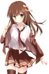  black_legwear blush bow brown_hair chiyingzai green_eyes hair_bow jacket long_hair necktie original school_uniform simple_background skirt smile solo thigh-highs thighhighs undone_necktie undone_tie zettai_ryouiki 