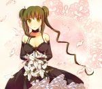  1girl bare_shoulders black_dress black_gloves bouquet breasts choker cleavage dress elbow_gloves flower frilled_dress frills gloves green_eyes green_hair lilies long_hair looking_at_viewer original petals solo twintails very_long_hair 