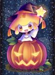  cape clothed_pokemon halloween hat jack-o&#039;-lantern jack-o'-lantern jirachi minato0618 no_humans open_mouth pokemon pumpkin smile solo star third_eye wand witch_hat yellow_eyes 