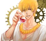  bracelet casual cup drawr fate/stay_night fate/zero fate_(series) gears gilgamesh jewelry kanapy male necklace red_eyes short_hair sitting solo wine wine_glass 