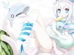  blue_eyes blush bow dolphin elbow_gloves floral_print food fruit gloves hat ice_cream innertube leg_ribbon long_hair no_shoes o_o oouso_(usotsukiya) original panties pantyshot pantyshot_(lying) pillow popsicle silver_hair solo surprised sweat thighhighs underwear usotsukiya watermelon white_gloves white_hair white_legwear white_panties 