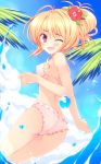  :d absurdres ass azure_(capriccio) bikini blonde_hair blush flower from_behind hair_flower hair_ornament hair_up highres looking_at_viewer looking_back open_mouth original purple_eyes smile solo swimsuit violet_eyes water wink 