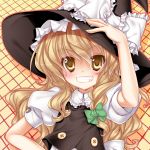  33paradox argyle argyle_background blonde_hair bow braid colored frills gotou_nao grin hand_on_hip hat highres hips kirisame_marisa long_hair lucie ribbon single_braid smile solo touhou witch witch_hat yellow_background yellow_eyes 