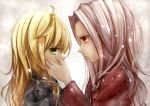  2girls ahoge ali_manami blonde_hair fate/stay_night fate/zero fate_(series) green_eyes hair_down hand_on_another&#039;s_cheek hand_on_another&#039;s_face hand_on_another's_face irisviel_von_einzbern long_hair multiple_girls profile red_eyes saber white_hair yuri 