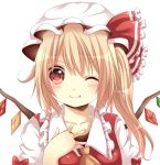 ascot bad_id blonde_hair fang flandre_scarlet hat heart heart-shaped_pupils red_eyes side_ponytail simple_background smile solo symbol-shaped_pupils the_embodiment_of_scarlet_devil touhou white_background wings wink yamasuta 