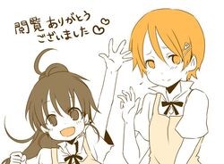  brown_hair inami_mahiru long_hair orange_eyes orange_hair short_hair spot_color taneshima_popura waving working!! yucco_kxoxc 