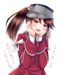  1girl blush brown_eyes brown_hair hands_on_own_face hat kantai_collection long_hair long_sleeves looking_at_viewer ryuujou_(kantai_collection) translated twintails 