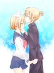  1girl blonde_hair blush brother_and_sister forehead_kiss hairband hand_holding hand_on_another&#039;s_cheek hand_on_another's_cheek highres holding_hands kagamine_len kagamine_rin kiss pleated_skirt profile school_uniform serafuku short_hair short_ponytail siblings skirt smile twins vocaloid yuukiarisu 