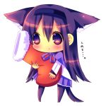  :&lt; akemi_homura animal_ears blush cat_ears cat_tail chibi chocolat_(momoiro_piano) christmas_stocking hairband hina_hina kemonomimi_mode long_hair magical_girl mahou_shoujo_madoka_magica pantyhose purple_eyes purple_hair solo tail translated violet_eyes 