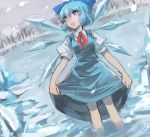  74_(teduka) absurdres blue_eyes blue_hair cirno feet_in_water hair_ribbon highres ice ice_wings ribbon snowing soaking_feet solo touhou water wings 