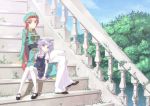  arm_support beret blue_eyes blue_sky braid chinese_clothes crossed_legs dress hakui_ami hat highres hong_meiling izayoi_sakuya legs_crossed long_hair mary_janes multiple_girls pants pantyhose purple_eyes red_hair redhead shoes silver_hair sitting sitting_on_stairs sky smile stairs star tarou the_embodiment_of_scarlet_devil touhou twin_braids vines violet_eyes white_legwear young 