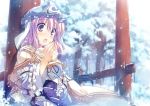  blush breath dress forest frills hat japanese_clothes nature obi open_mouth pink_eyes pink_hair saigyouji_yuyuko scarf short_hair smile snow solo t-ray torii touhou tree triangular_headpiece warming wind winter 