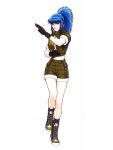  1girl 90s bangs blue_eyes blue_hair boots clenched_hand closed_mouth cross-laced_footwear earrings female fighting_stance footwear full_body gloves high_ponytail jewelry king_of_fighters king_of_fighters_98 leona_heidern long_hair loose_socks midriff military mori_toshiaki official_art ponytail shinkiro shorts simple_background sleeves_rolled_up snk socks solo standing_on_one_leg white_background 