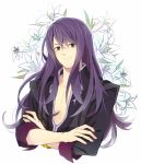  bad_id black_eyes black_hair crossed_arms flower highres lily_(flower) long_hair male pun smile solo tales_of_(series) tales_of_vesperia tsubukiri white_background yuri_lowell 