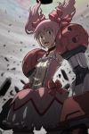  bow bubble_skirt choker debris dress fusion gundam gundam_age gundam_age-1 gundam_age-1_titus hair_bow jigoku_inu kaname_madoka looking_at_viewer magical_girl mahou_shoujo_madoka_magica mecha_musume mechanical_arms mechanical_legs open_mouth pink_eyes pink_hair sad short_twintails solo soul_gem standing twintails walpurgisnacht_(madoka_magica) 