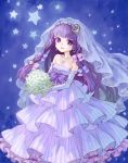  alternate_costume ama-tou bangs bare_shoulders blunt_bangs bouquet collar crescent dress elbow_gloves flower frills gloves hair_ornament hair_ribbon jewelry long_hair looking_at_viewer necklace patchouli_knowledge purple_eyes purple_hair ribbon simple_background smile solo star striped striped_dress touhou veil violet_eyes wedding_dress 