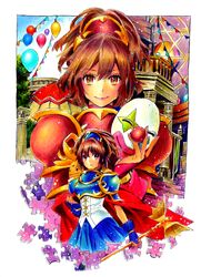  absurdres alternate_color arle_nadja armor balloon carbuncle character_request doppelganger_arle dual_persona highres madou_monogatari multiple_girls nobita player_2 puyopuyo traditional_media 