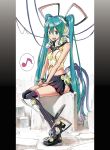  :d aqua_eyes aqua_hair boots hands_on_lap hatsune_miku headphones highres karube_ponzu long_hair midriff musical_note open_mouth sitting skirt smile solo thigh-highs thigh_boots thighhighs twintails very_long_hair vocaloid 