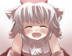  :d ^_^ animal_ears bare_shoulders blush bust close-up closed_eyes detached_sleeves eyes_closed face gaoo_(frpjx283) gradient gradient_background hat inubashiri_momiji open_mouth pom_pom_(clothes) pom_pom_(clothing) silver_hair simple_background smile solo tokin_hat touhou wolf_ears 
