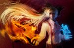  azzie_(az_man_studios) bad_id blue_fire bow breasts fire fujiwara_no_mokou hair_bow hair_ornament long_hair pants ponytail shirt solo suspenders touhou very_long_hair white_hair 