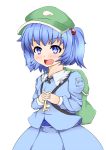  1girl backpack bag blue_eyes blue_hair blush hair_bobbles hair_ornament hat kawashiro_nitori key kyuushiki skirt solo touhou twintails 