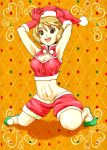  1girl blonde_hair breasts christmas cleavage cleavage_cutout elbow_gloves eyelashes gloves green_eyes hands_on_hat huang_baoling midriff navel santa_costume short_hair shorts slippers solo tiger_&amp;_bunny yaucop 