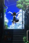  amemura amemura_(caramelo) arms_up black_hair cat cloud condensation_trail contrail from_behind jumping long_hair original plant potted_plant skirt sky solo stairs tree wind_chime 
