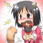  anger_vein angry black_cat black_cat_(animal) black_eyes black_hair blonde_hair cat child denpa drill fang gaketsu hakase_(nichijou) labcoat long_hair multiple_girls nichijou oni_horns open_mouth professor_shinonome sakamoto_(nichijou) scarf screw shinonome_nano short_hair sweatdrop tears winding_key 