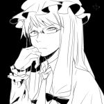  bespectacled black_background bow chin_rest glasses gloves hair_bow hat long_hair lowres monochrome patchouli_knowledge simple_background sisenshyo solo touhou 
