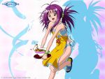  apron brown_eyes egg food hair_ornament kokura_masashi konami kotobuki_miyuki noodles nori_(seaweed) official_art open_mouth purple_hair ramen sandals smile solo standing_on_one_leg swimsuit tokimeki_memorial tokimeki_memorial_2 tray wallpaper 