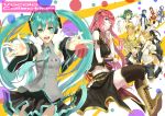  5girls :d belt boots closed_eyes cross-laced_footwear crossed_legs detached_sleeves eyes_closed goggles goggles_on_head gumi hatsune_miku headphones kagamine_len kagamine_rin kaito kamui_gakupo lace-up_boots leg_warmers legs_crossed long_hair megurine_luka meiko midriff multiple_boys multiple_girls navel necktie nozo_(hibi_tsurezure) open_mouth outstretched_arms scarf sitting skirt smile thigh-highs thighhighs twintails very_long_hair vocaloid wrist_cuffs 