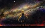  blonde_hair boots dress hair_ribbon hbptcsg2 kamio_misuzu long_hair milky_way night night_sky outstretched_arms ribbon sky solo spread_arms star_(sky) 