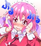  adapted_costume animal_ears arms_up blush embarrassed face from_above hands_on_own_face haruichi looking_at_viewer looking_up mystia_lorelei no_hat no_headwear pink_eyes pink_hair sad short_hair solo teardrop touhou translated trembling 