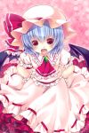  ascot bat_wings blue_hair blush fang fangs frills gathers hands_on_hips hat highres irori open_mouth puffy_sleeves red_eyes remilia_scarlet ribbon short_hair skirt solo sparkle touhou wings wrist_cuffs 