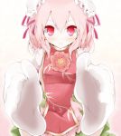  blush bun_cover chinese_clothes double_bun feet flower foreshortening highres ibara_kasen ibaraki_kasen oouso_(usotsukiya) open_mouth pink_eyes pink_hair pov_feet rose short_hair socks solo touhou usotsukiya white_legwear 