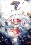  absurdres arm_up arrow bow_(weapon) bubble_skirt building dhiea flower gloves highres kaname_madoka magical_girl mahou_shoujo_madoka_magica pink_eyes pink_hair rose short_hair solo twintails walpurgisnacht_(madoka_magica) weapon white_gloves 