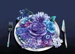  blue_background blue_rose flower fork hydrangea knife no_humans original park_soyoung plate purple_rose rose still_life 