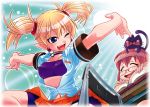 arcana_heart blonde_hair blue_eyes book cat earrings eyes_closed fang glasses jewelry lilica_felchenerow multiple_girls open_mouth pointy_ears red_hair short_twintails smile tube_top tubetop twintails wink yasuzumi_yoriko 