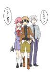  2boys akise_aru amano_yukiteru axe black_hair gasai_yuno hat issei_(henry3) long_hair mirai_nikki multiple_boys necktie open_mouth pink_hair red_eyes short_hair translated twintails weapon white_hair yandere 