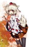  animal_ears broom brown_eyes detached_sleeves hat highres inubashiri_momiji karube leaf open_mouth short_hair skirt smile solo tail thigh-highs thighhighs tokin_hat touhou white_hair wolf_ears wolf_tail 