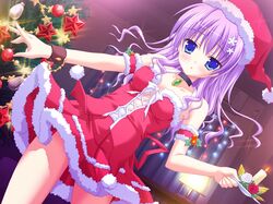  armlet blue_eyes blush bracelet breasts candle choker christmas christmas_tree cleavage dutch_angle game_cg hair_ornament hairpin hat indoors jewelry mihama_hitsuji moribe_(rabumanyo) natsu_yume_nagisa official_art purple_hair santa_costume santa_hat skirt skirt_lift solo 