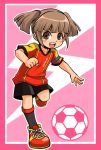  ball blush brown_eyes brown_hair inazuma_eleven inazuma_eleven_(series) inazuma_kfc kisaragi_mako kneehighs nanjou_akimasa open_mouth soccer_ball soccer_uniform twintails 