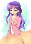  cosplay fate/stay_night fate_(series) flower hair_ribbon long_skirt matou_sakura matou_sakura_(cosplay) nfr purple_eyes purple_hair ribbon skirt solo tohsaka_rin toosaka_rin violet_eyes what_if 