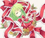  bell bow dress flower frame front_ponytail green_eyes green_hair hair_ribbon highres hoop kagiyama_hina long_hair loop red_dress ribbon smile solo symbol-shaped_pupils touhou watase-ya 