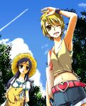  blonde_hair blue_sky chutaro cloud condensation_trail contrail dog futari_wa_precure hat long_hair midriff misumi_nagisa multiple_girls nekoyanagi_matasaburou precure purple_hair shading_eyes short_hair shorts sky summer vapor_trail wink yellow_eyes yukishiro_honoka 