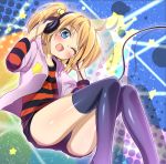  ahoge black_legwear blonde_hair blue_eyes blush hair_bobbles hair_ornament head_tilt headphones long_sleeves mtu open_mouth original ponytail shiny shiny_skin shirt short_hair shorts solo star striped striped_shirt thigh-highs thighhighs wink 